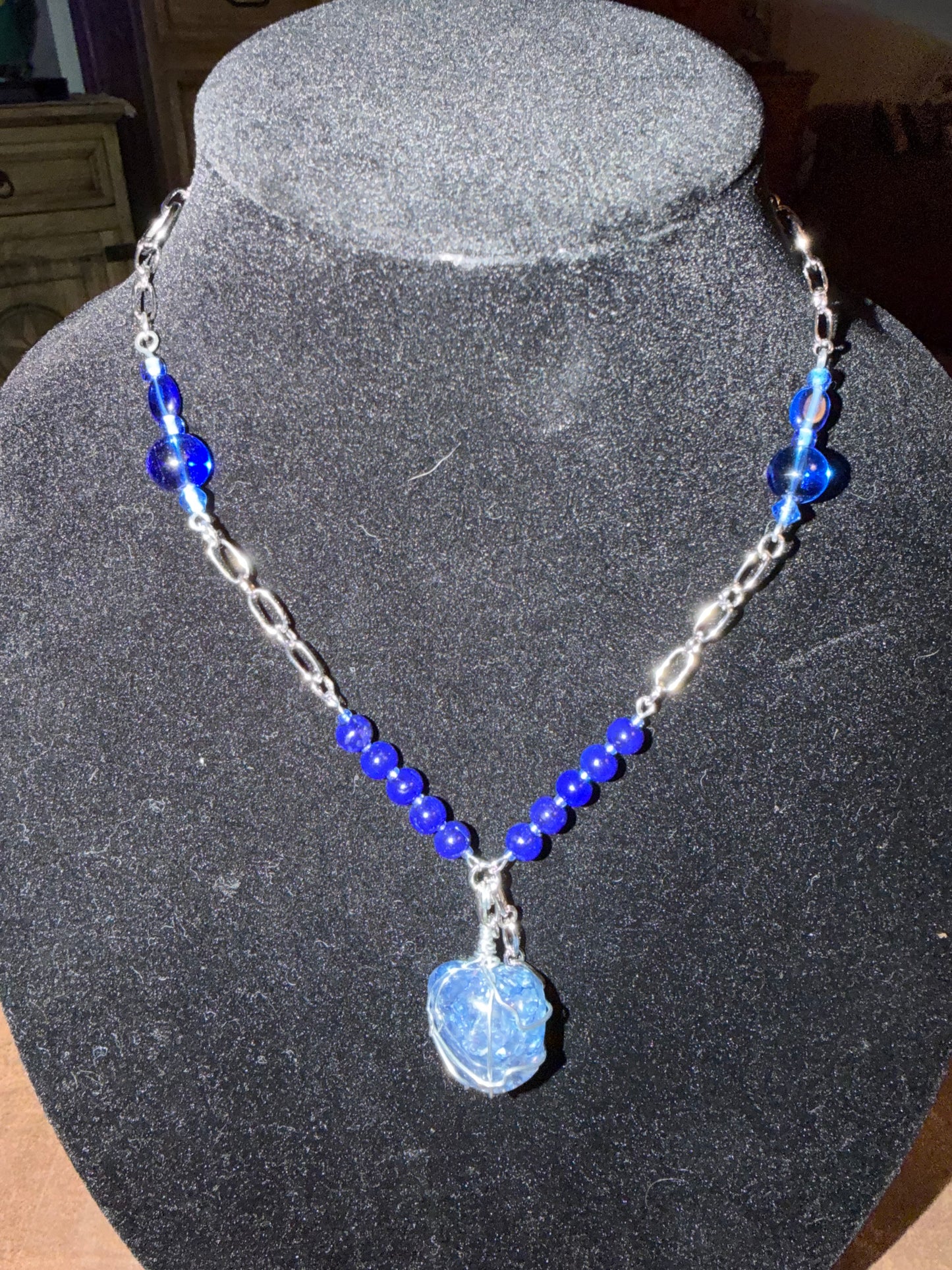Blue Stone Wire‑Wrapped Pendant Necklace