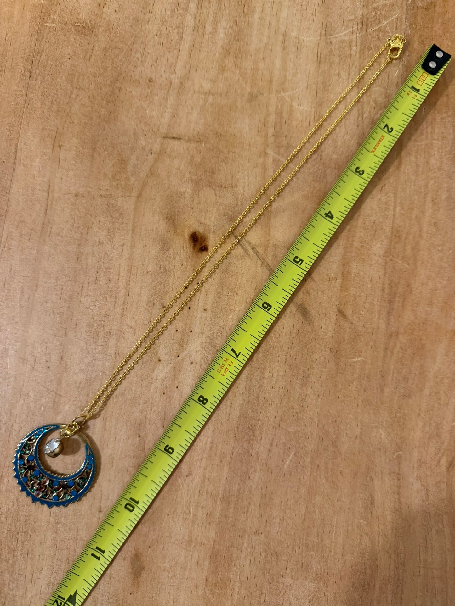 Boho Gold‑Tone Crescent Pendant Necklace with Blue Enamel & Filigree Detail