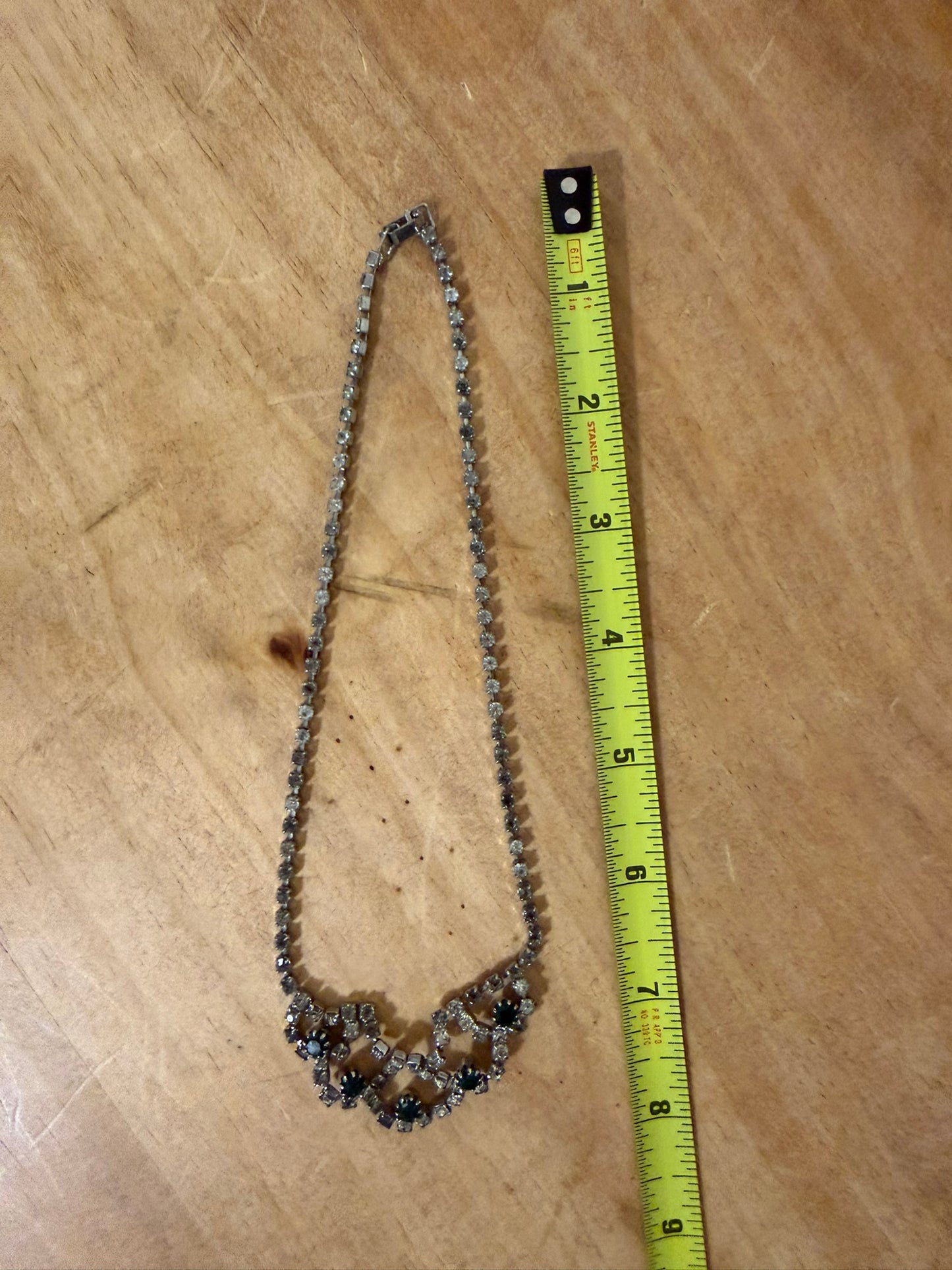 Silver‑Tone Rhinestone Necklace With Emerald‑Green Accents