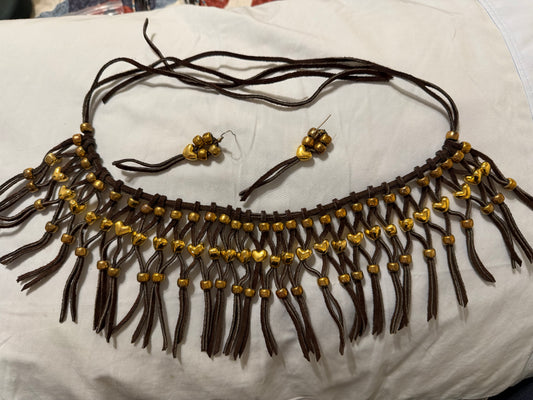Handcrafted leather collar with gold beads