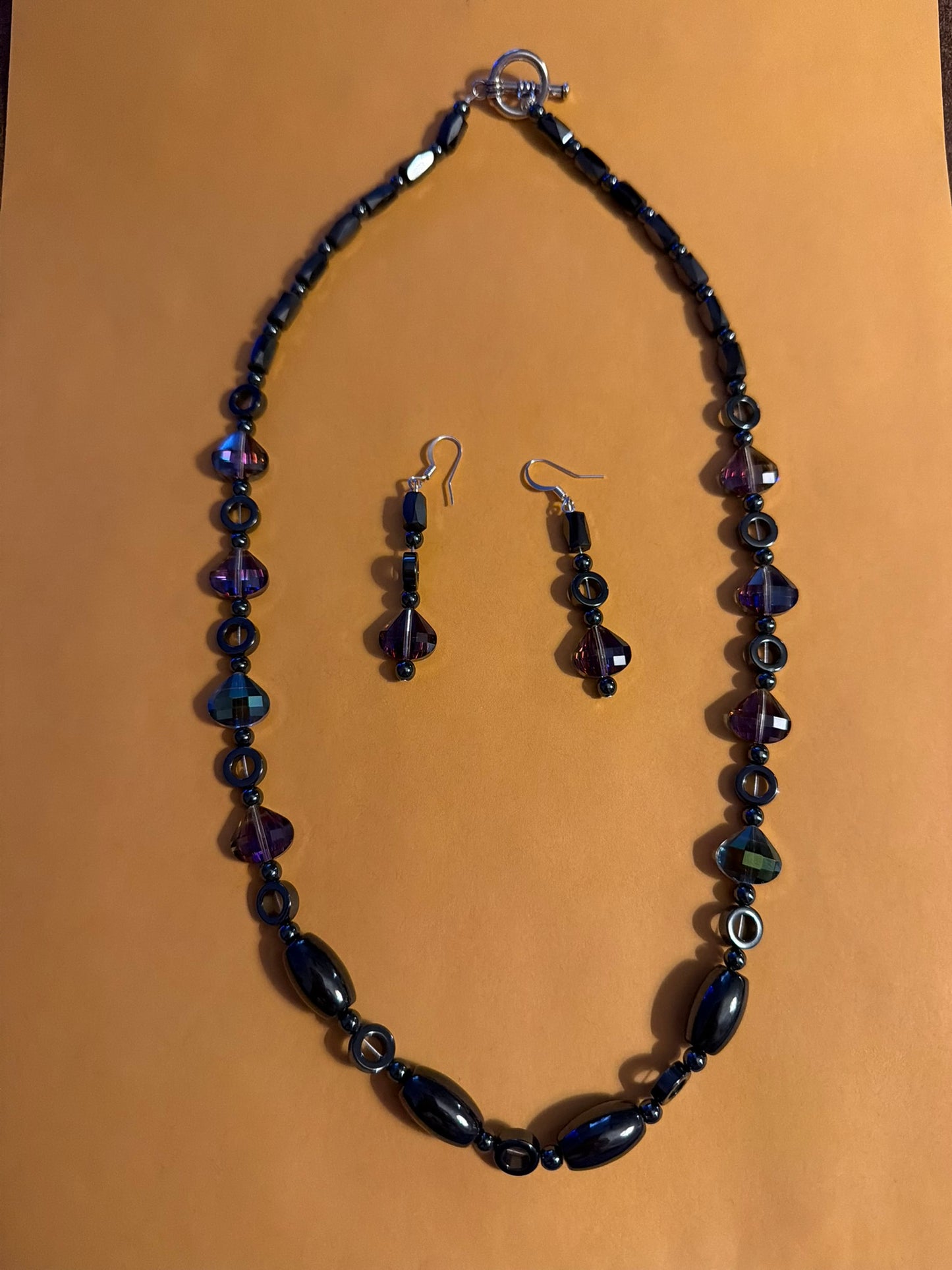Hematite and faceted purple crystal necklace set