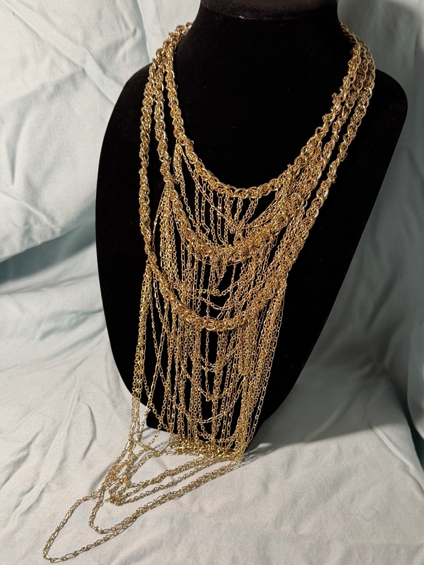 Dramatic Gold‑Tone Cascading Multi‑Strand Statement Necklace