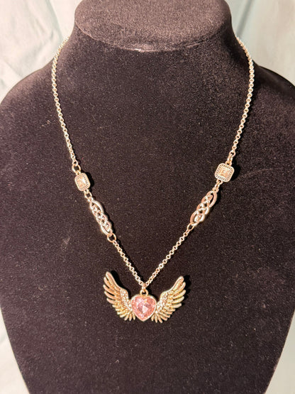 Handmade Winged Heart Pendant Necklace – Silver/Gold Mixed Metals with Pink Crystal