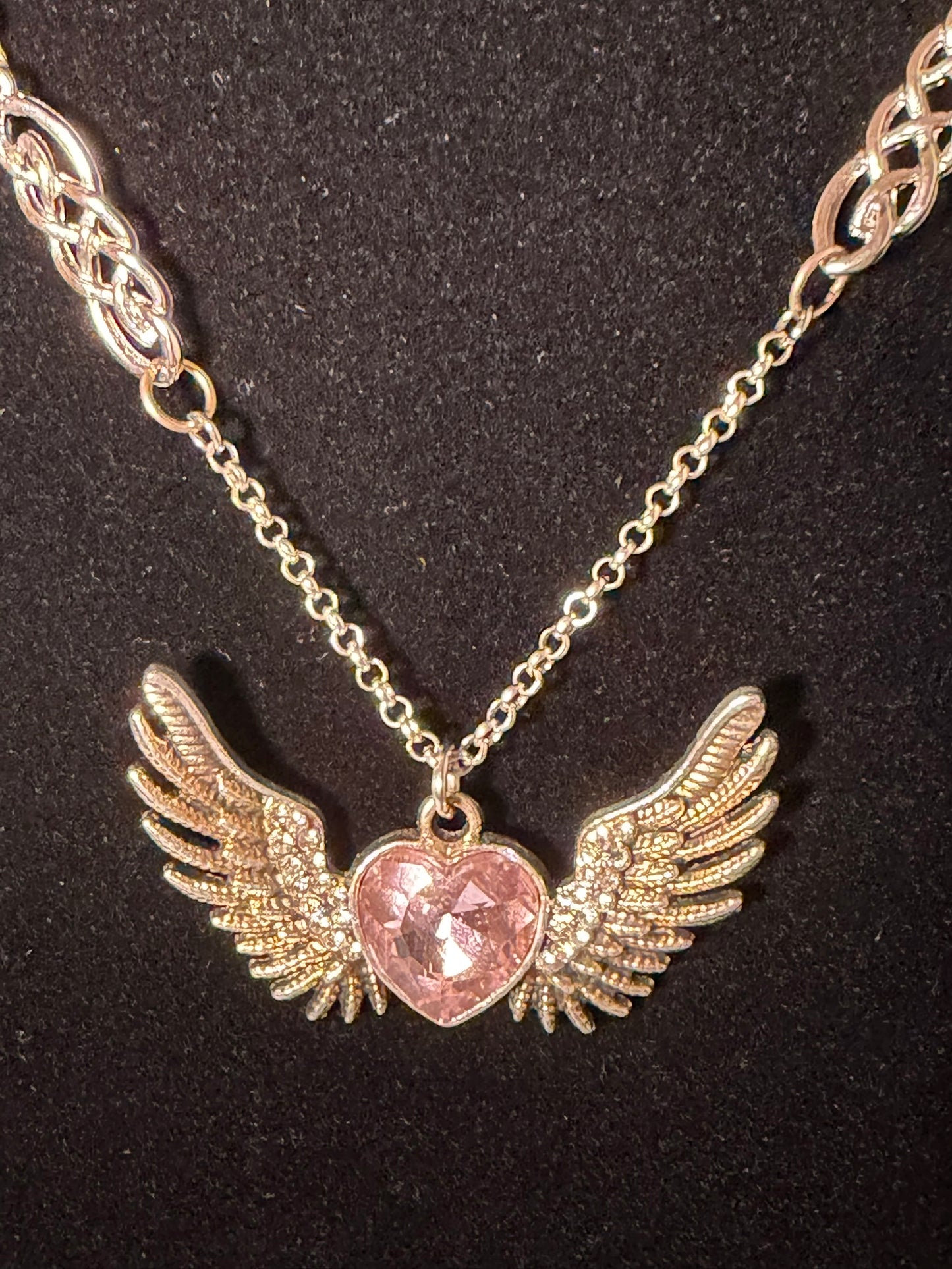 Handmade Winged Heart Pendant Necklace – Silver/Gold Mixed Metals with Pink Crystal