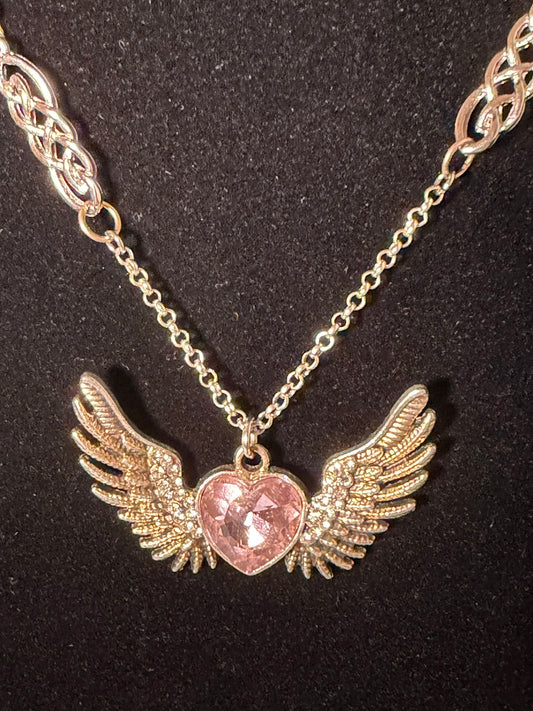 Handmade Winged Heart Pendant Necklace – Silver/Gold Mixed Metals with Pink Crystal