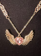 Handmade Winged Heart Pendant Necklace – Silver/Gold Mixed Metals with Pink Crystal