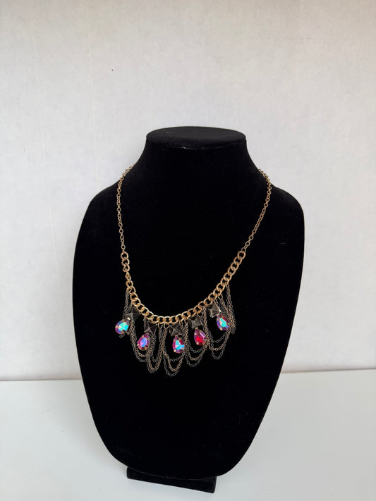 Vintage‑Style Bronze Chain Necklace with Dark Fringe Chains & Iridescent Teardrop Charms