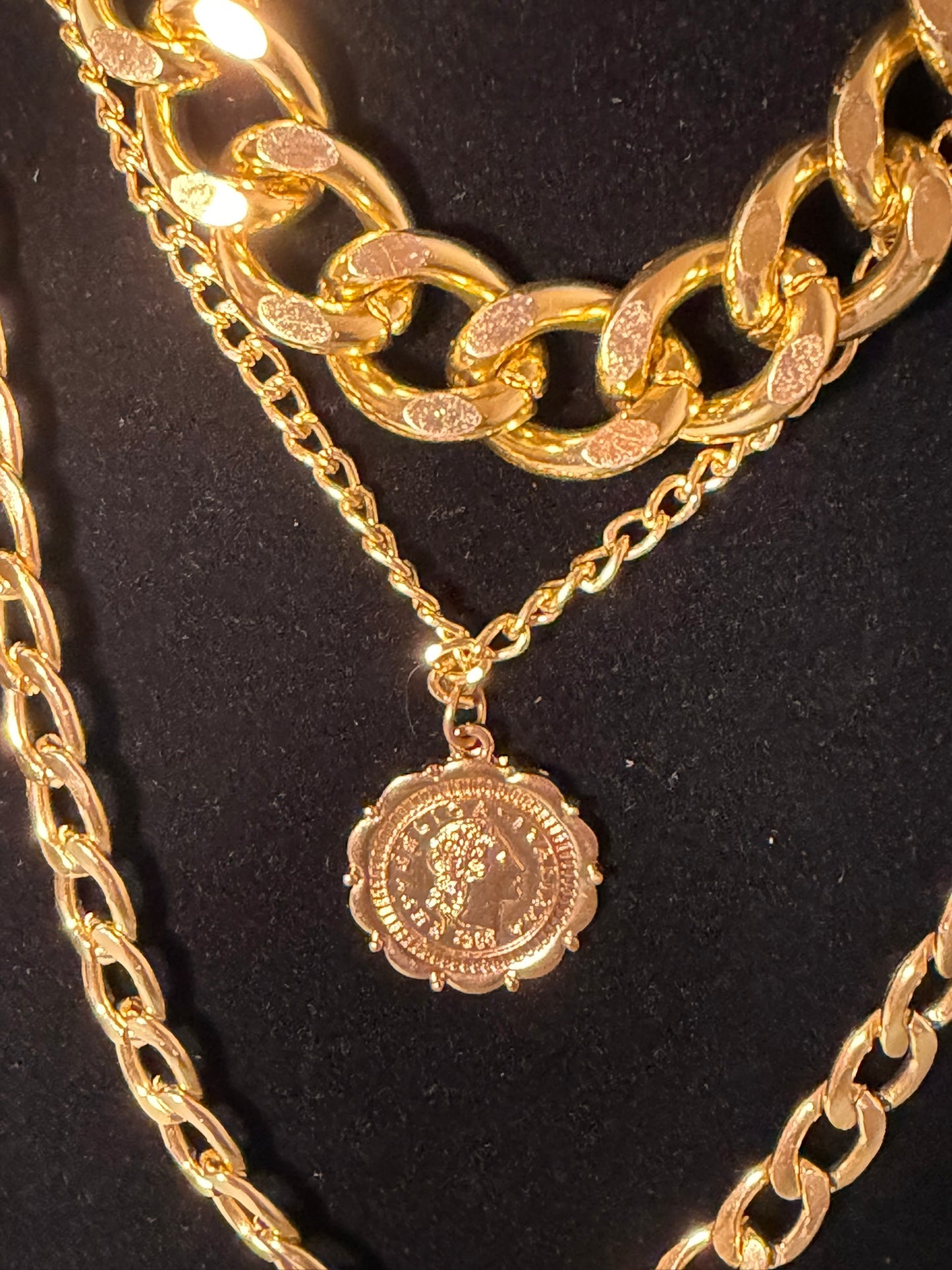 Bold Layered Gold‑Tone Chain Necklace with Medallion Pendant – Statement Fashion Jewelry