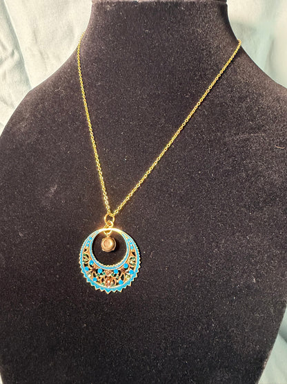 Boho Gold‑Tone Crescent Pendant Necklace with Blue Enamel & Filigree Detail