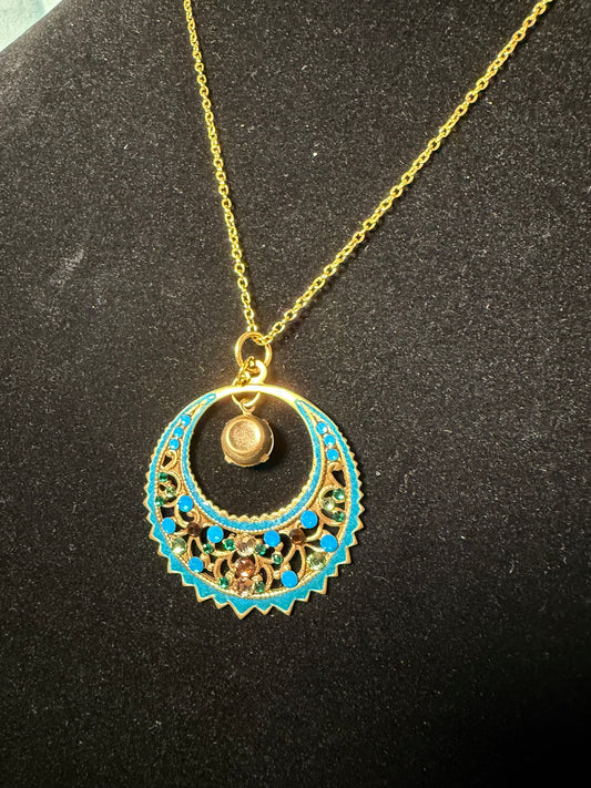 Boho Gold‑Tone Crescent Pendant Necklace with Blue Enamel & Filigree Detail