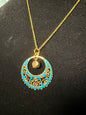 Boho Gold‑Tone Crescent Pendant Necklace with Blue Enamel & Filigree Detail