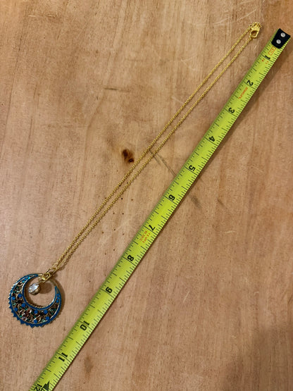 Boho Gold‑Tone Crescent Pendant Necklace with Blue Enamel & Filigree Detail