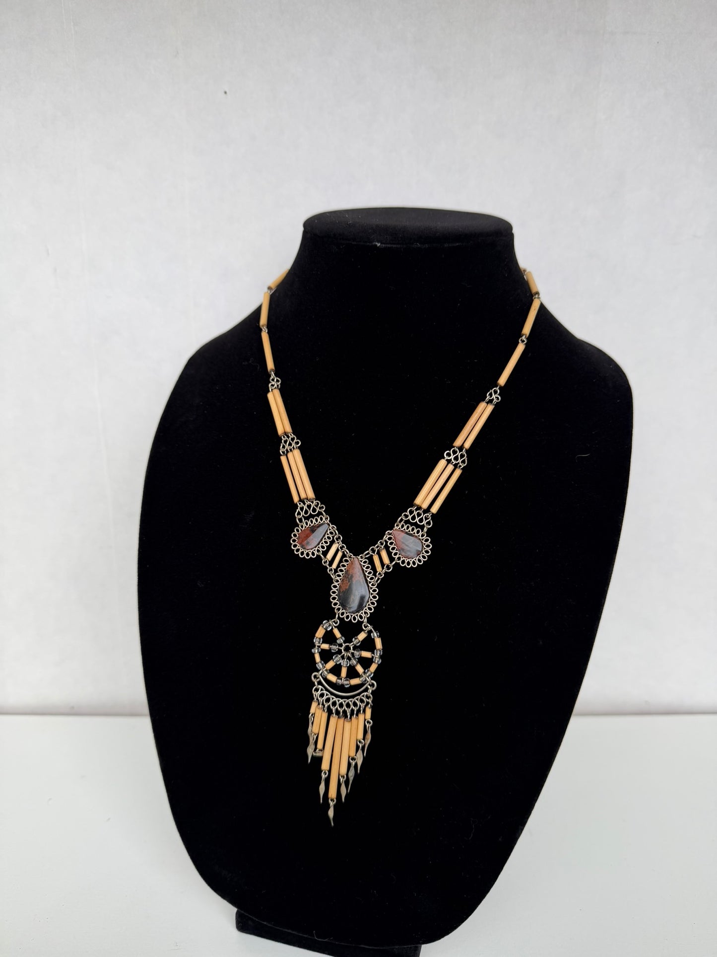 Boho Tribal‑Style Statement Necklace With Natural‑Stone Look Accents & Beaded Fringe
