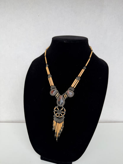 Boho Tribal‑Style Statement Necklace With Natural‑Stone Look Accents & Beaded Fringe