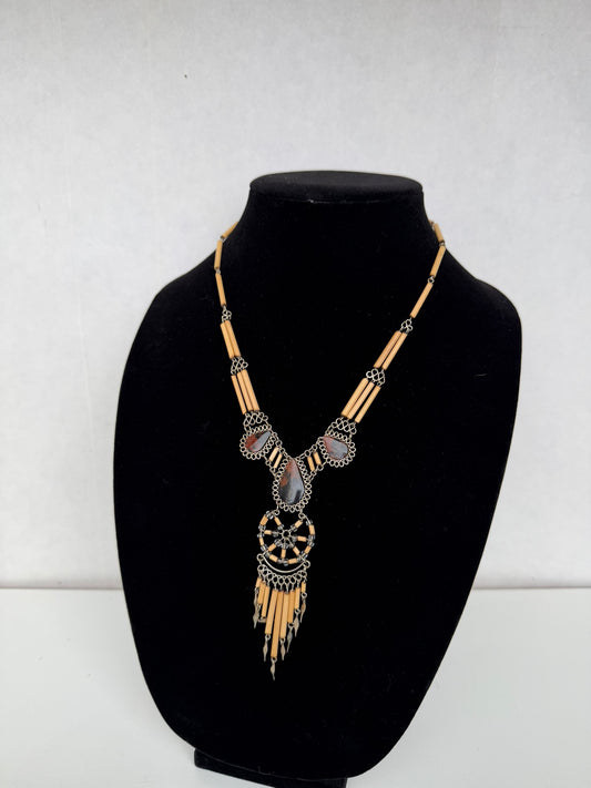 Boho Tribal‑Style Statement Necklace With Natural‑Stone Look Accents & Beaded Fringe