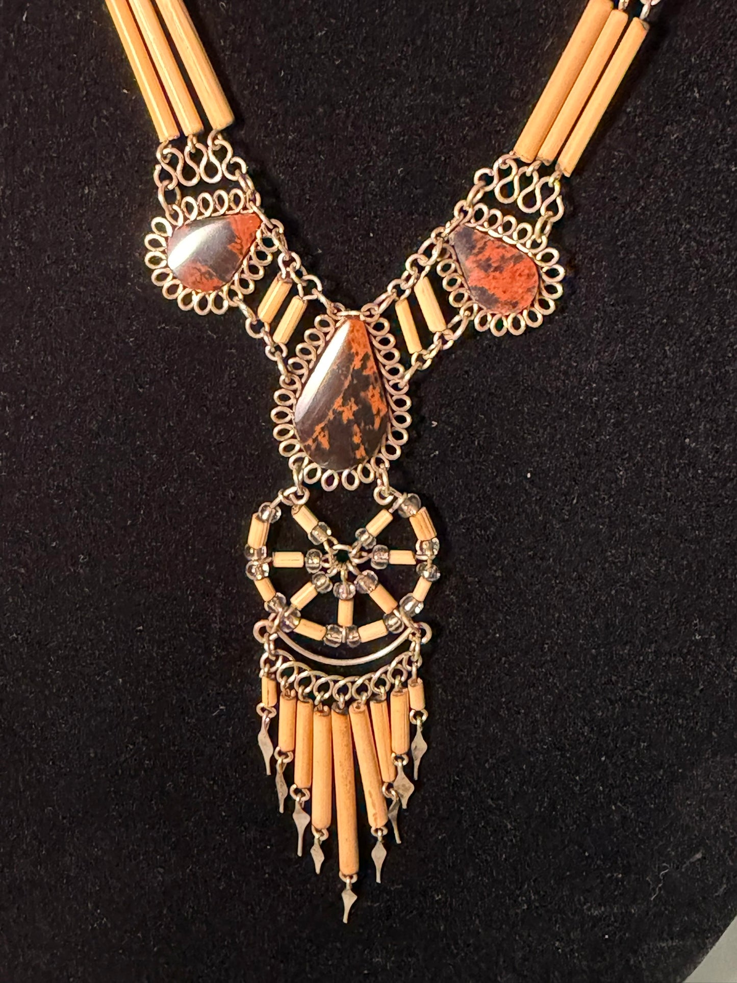 Boho Tribal‑Style Statement Necklace With Natural‑Stone Look Accents & Beaded Fringe