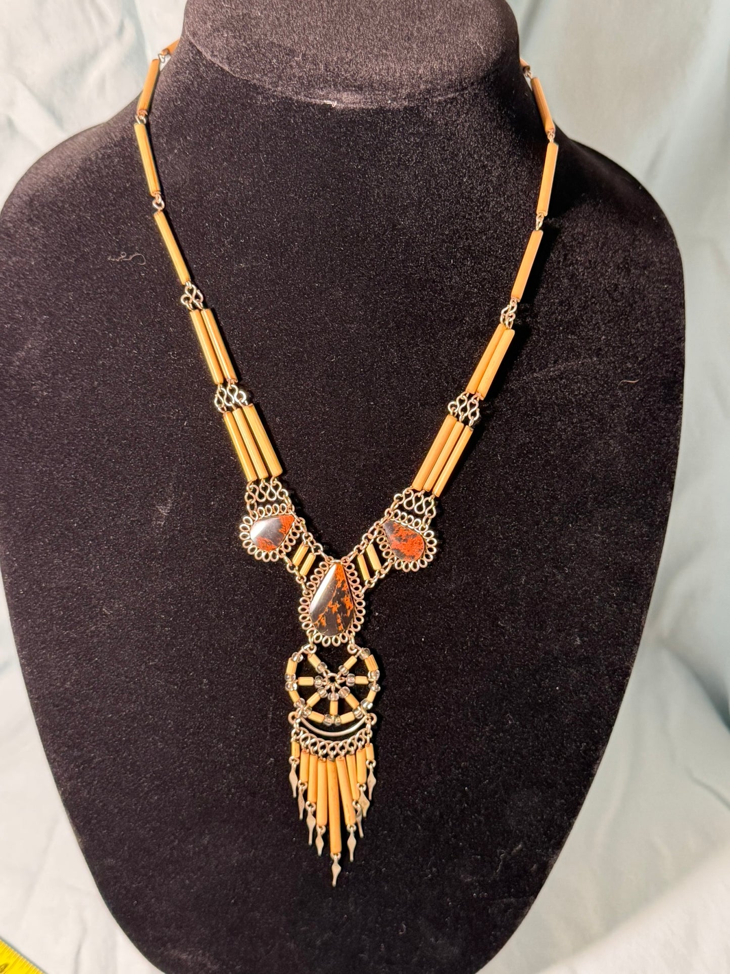 Boho Tribal‑Style Statement Necklace With Natural‑Stone Look Accents & Beaded Fringe