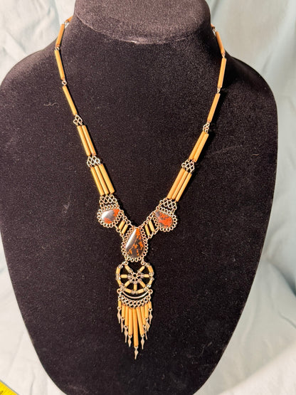 Boho Tribal‑Style Statement Necklace With Natural‑Stone Look Accents & Beaded Fringe