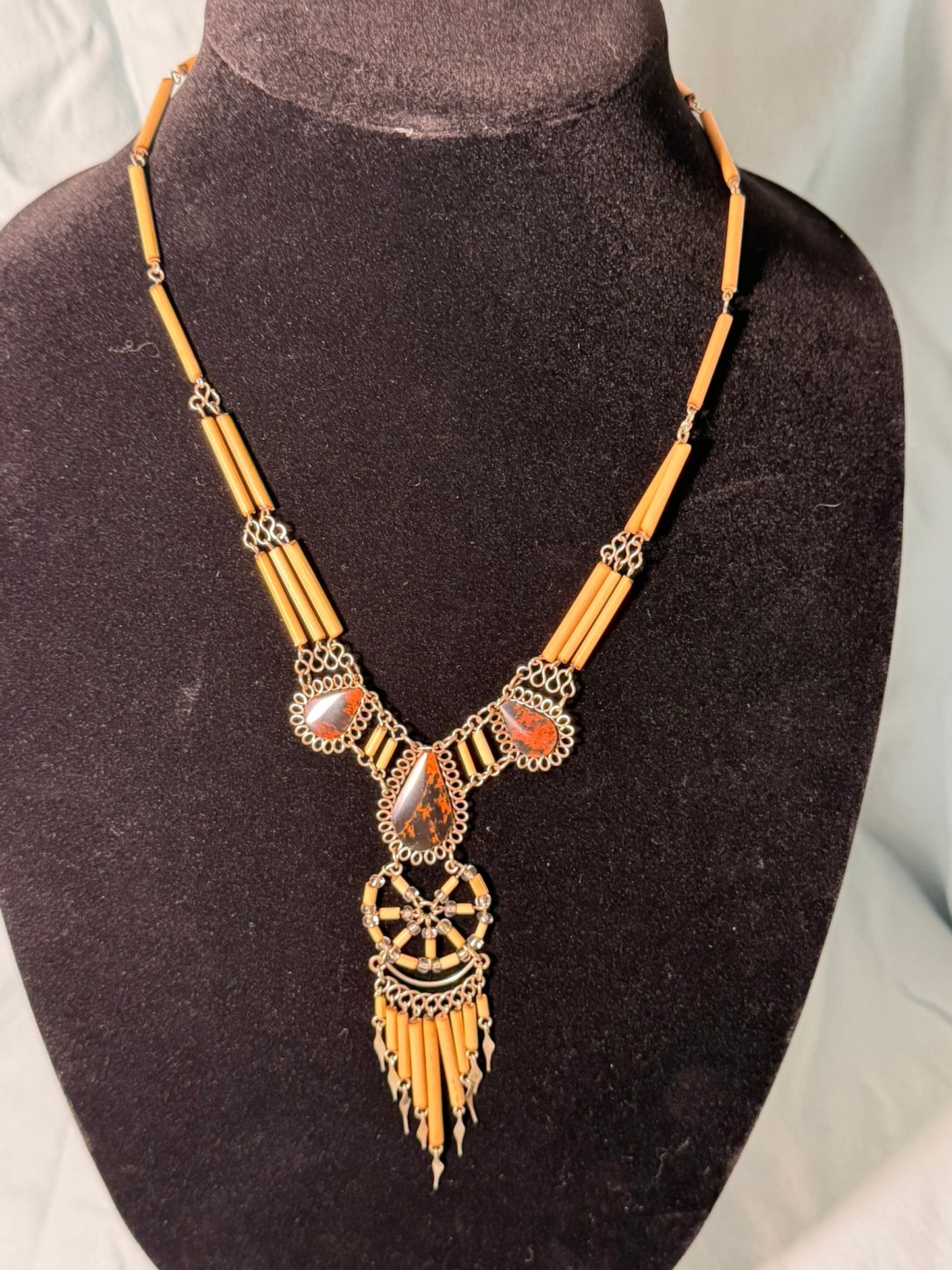 Boho Tribal‑Style Statement Necklace With Natural‑Stone Look Accents & Beaded Fringe