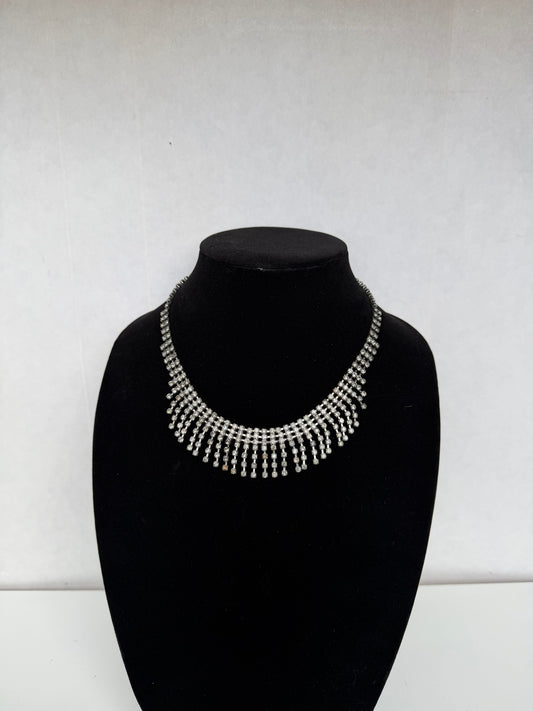Silver‑Tone Rhinestone Fringe Collar Necklace