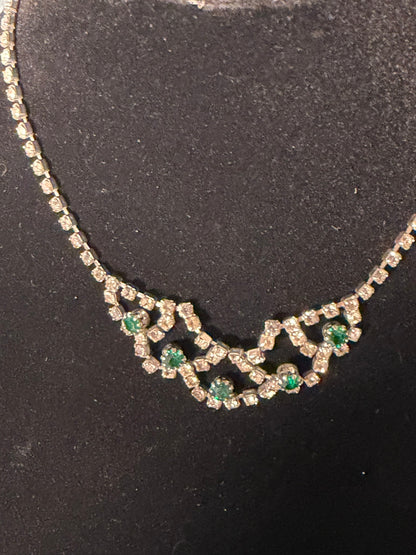 Silver‑Tone Rhinestone Necklace With Emerald‑Green Accents