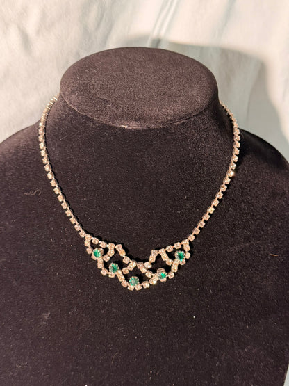 Silver‑Tone Rhinestone Necklace With Emerald‑Green Accents