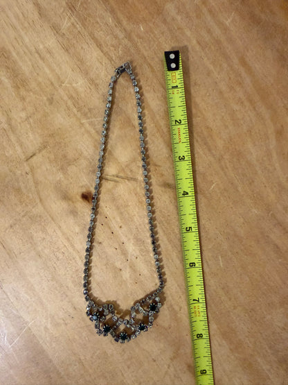 Silver‑Tone Rhinestone Necklace With Emerald‑Green Accents