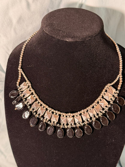 Silver‑Tone Geometric Statement Necklace With Black Teardrop Dangles