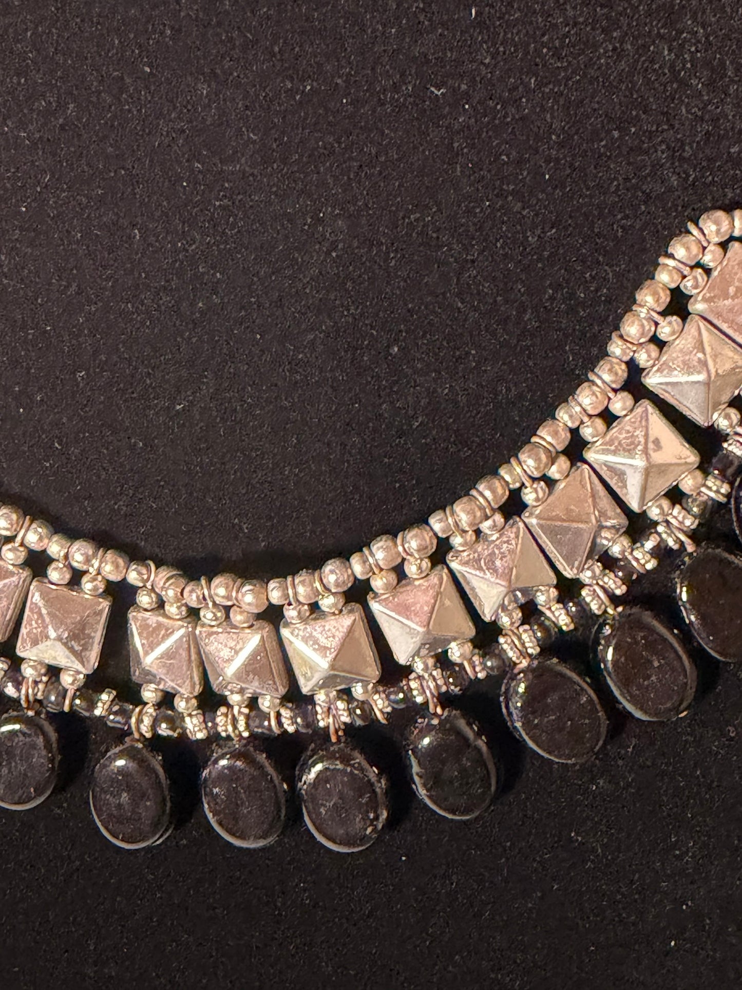 Silver‑Tone Geometric Statement Necklace With Black Teardrop Dangles