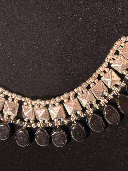 Silver‑Tone Geometric Statement Necklace With Black Teardrop Dangles
