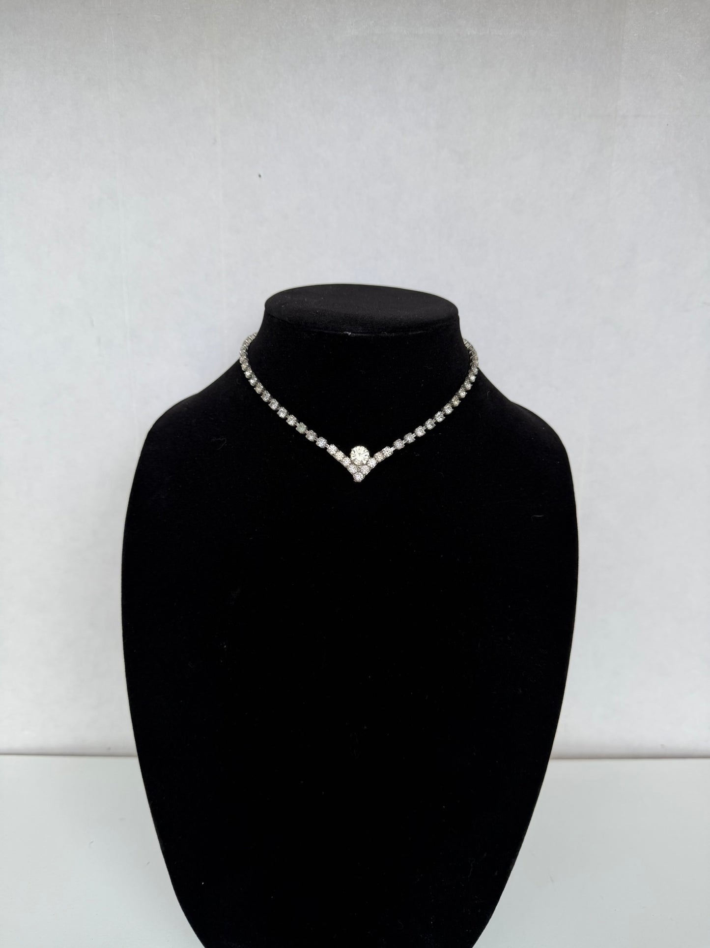 Silver‑Tone Rhinestone V‑Center Choker Necklace