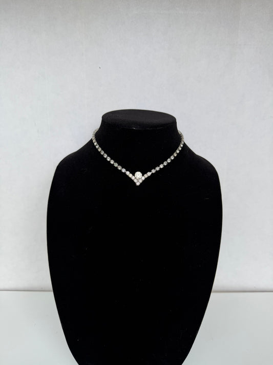 Silver‑Tone Rhinestone V‑Center Choker Necklace