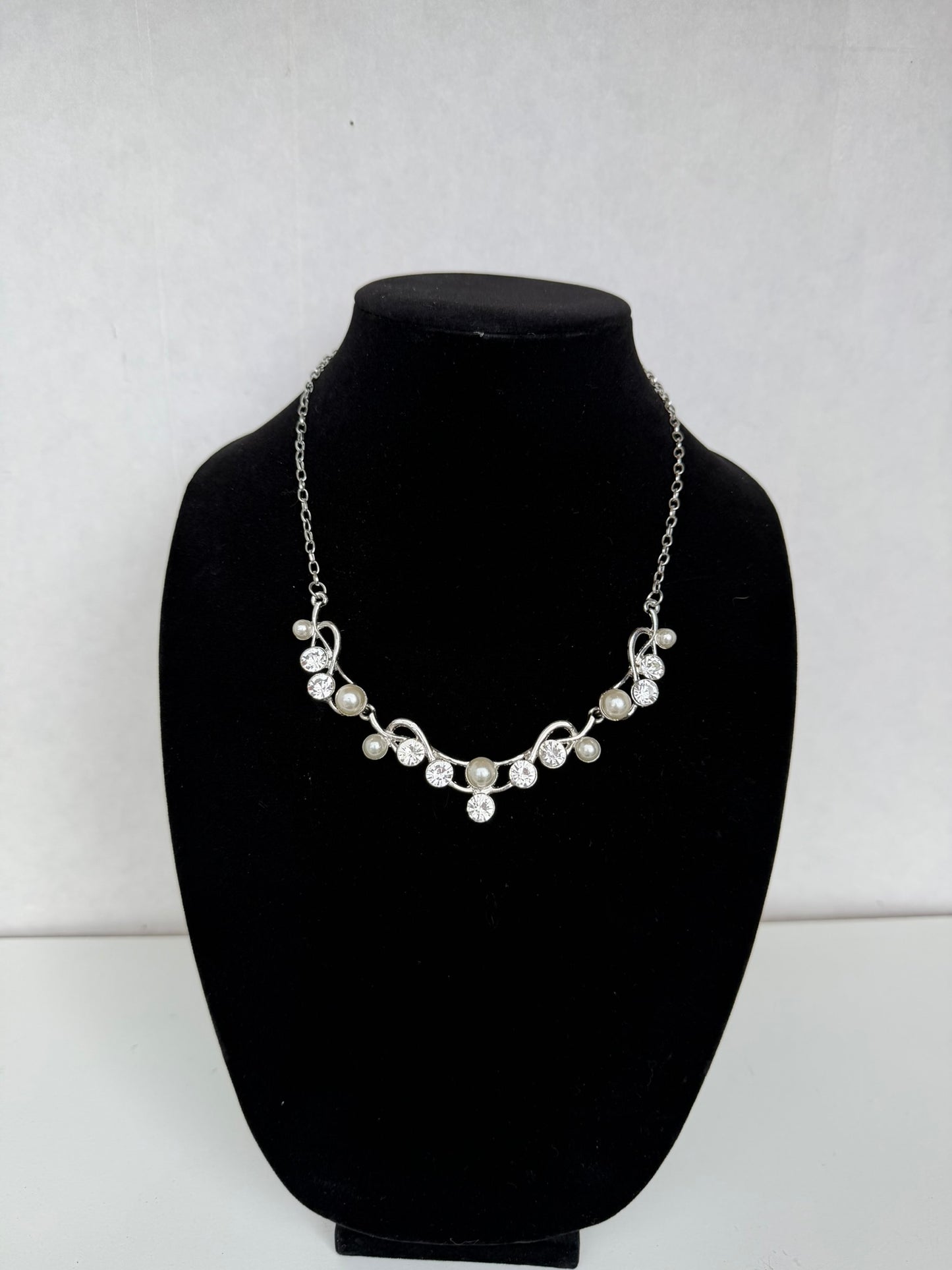 Silver‑Tone Crystal & Faux Pearl Floral Swirl Necklace