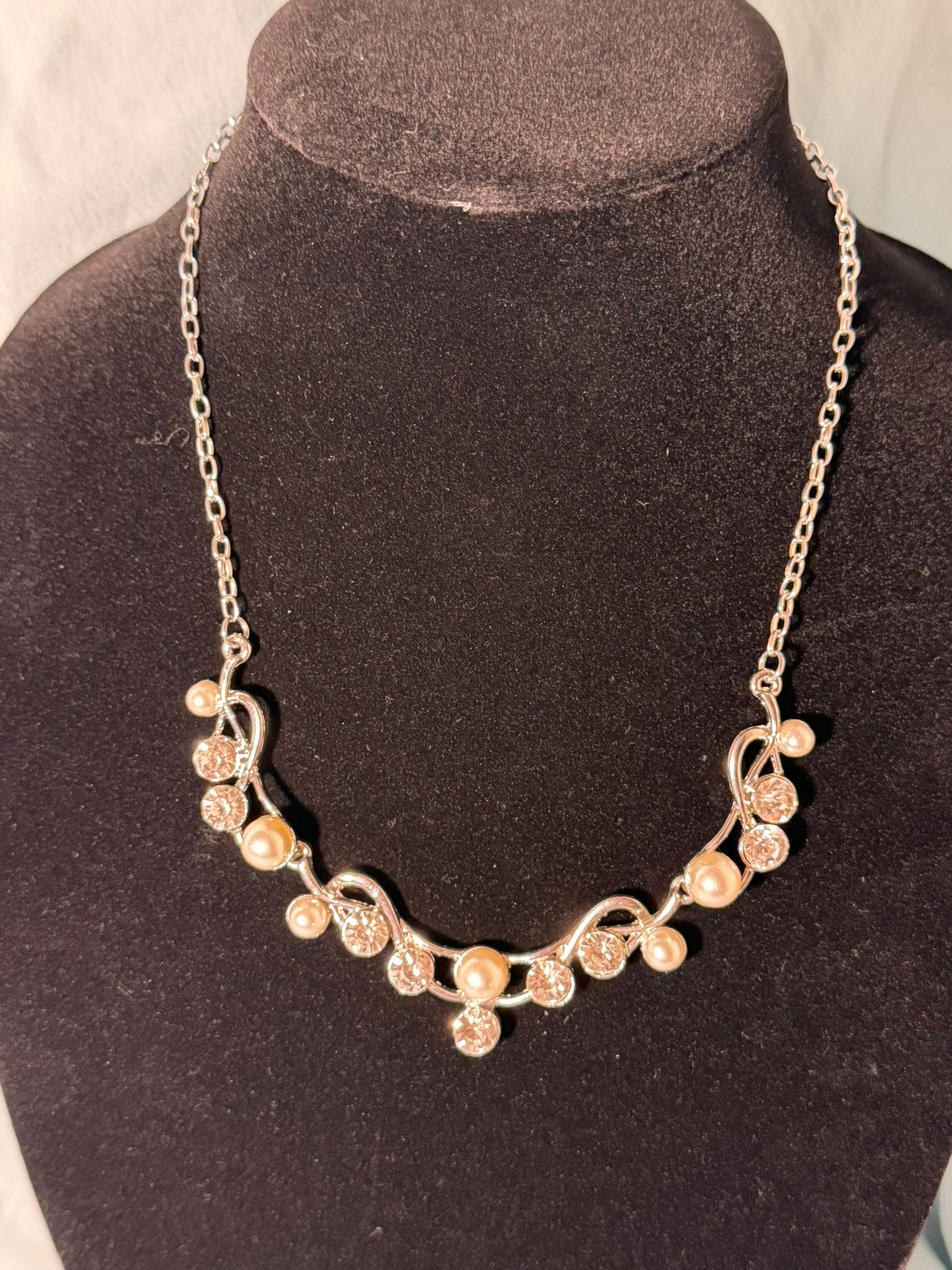 Silver‑Tone Crystal & Faux Pearl Floral Swirl Necklace