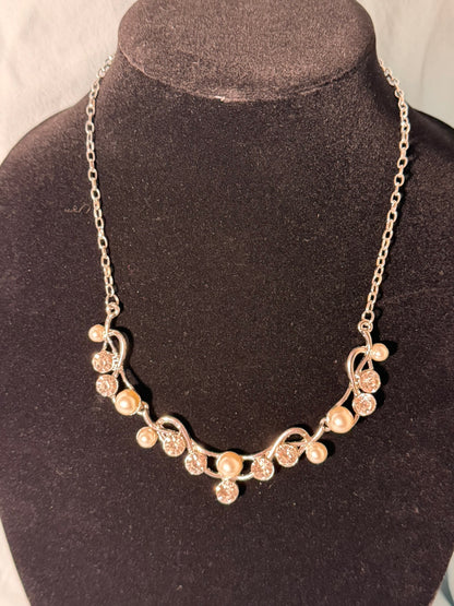 Silver‑Tone Crystal & Faux Pearl Floral Swirl Necklace