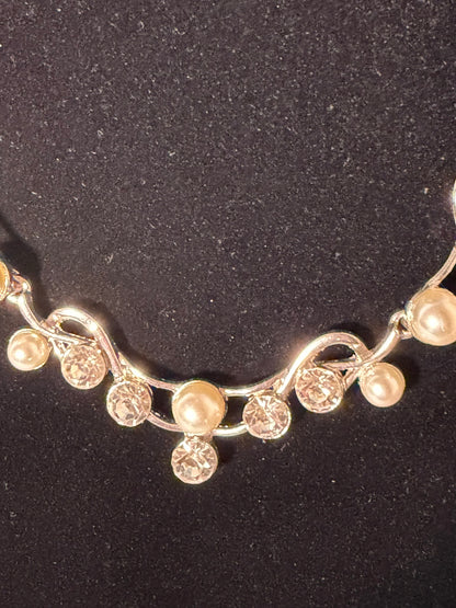 Silver‑Tone Crystal & Faux Pearl Floral Swirl Necklace