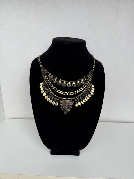 Antique‑Gold Tribal Statement Necklace With Layered Metal Accents