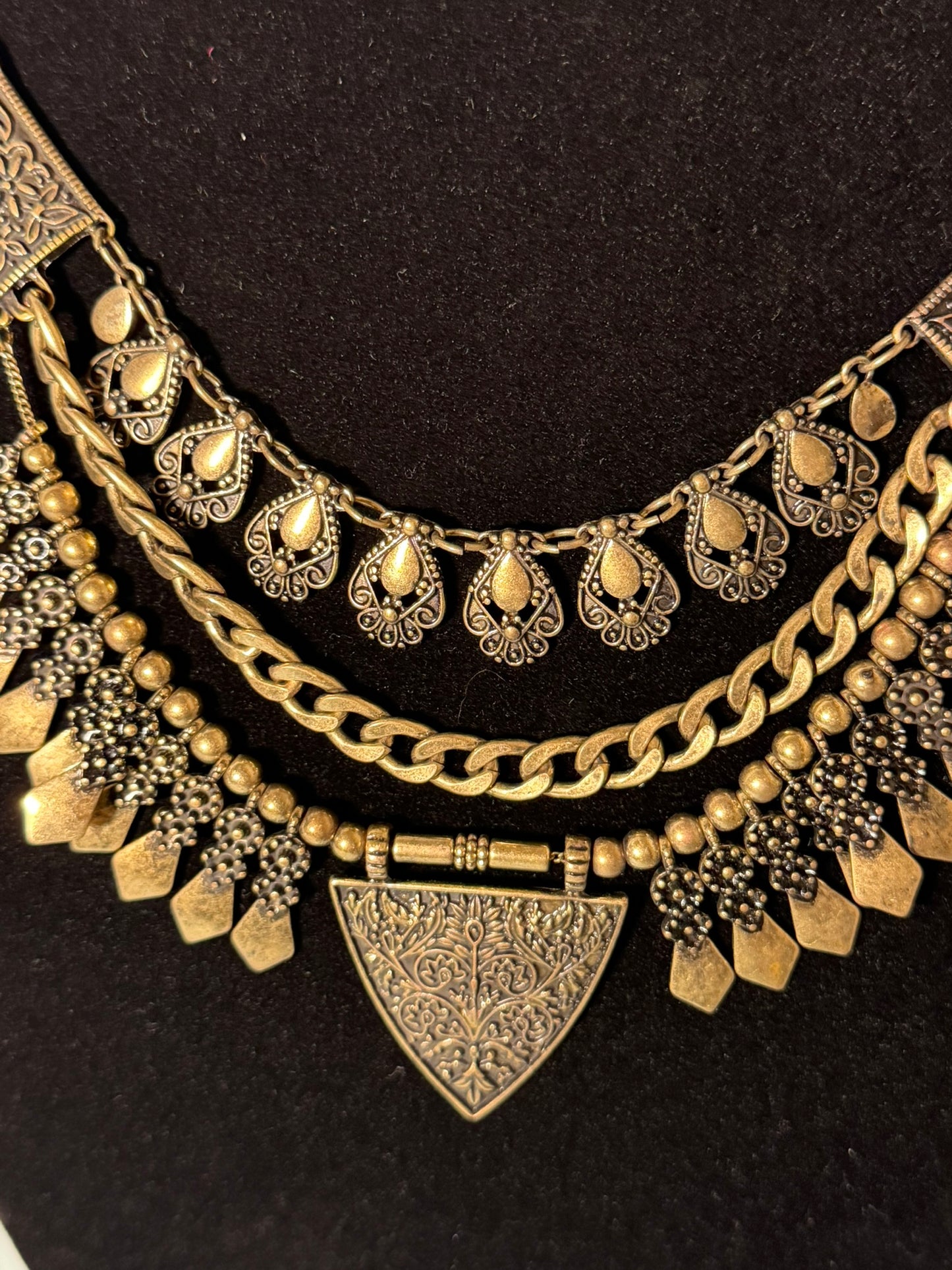 Antique‑Gold Tribal Statement Necklace With Layered Metal Accents