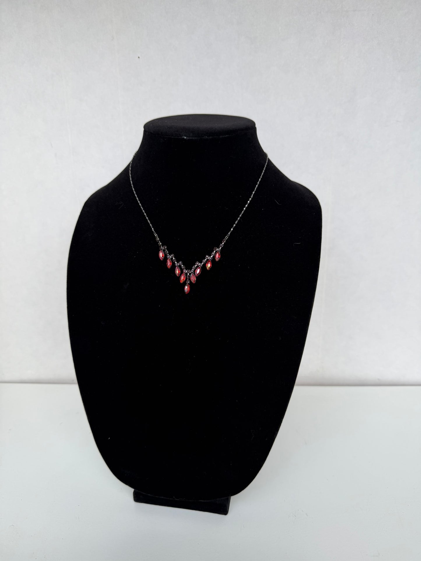 Silver‑Tone Rhinestone &amp; Red Marquise Drop Necklace