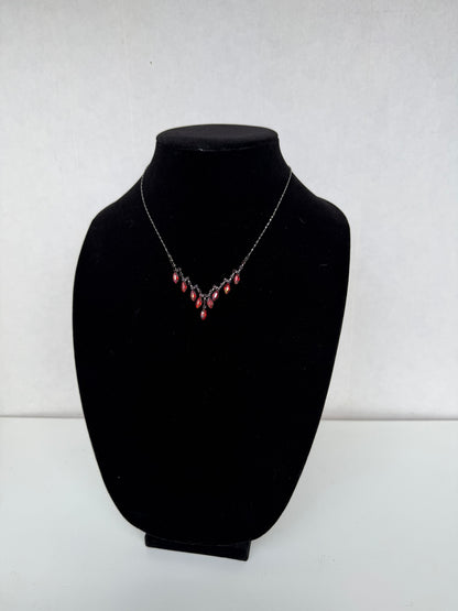 Silver‑Tone Rhinestone &amp; Red Marquise Drop Necklace