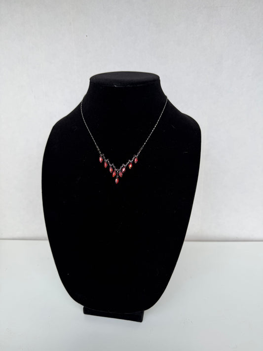 Silver‑Tone Rhinestone &amp; Red Marquise Drop Necklace