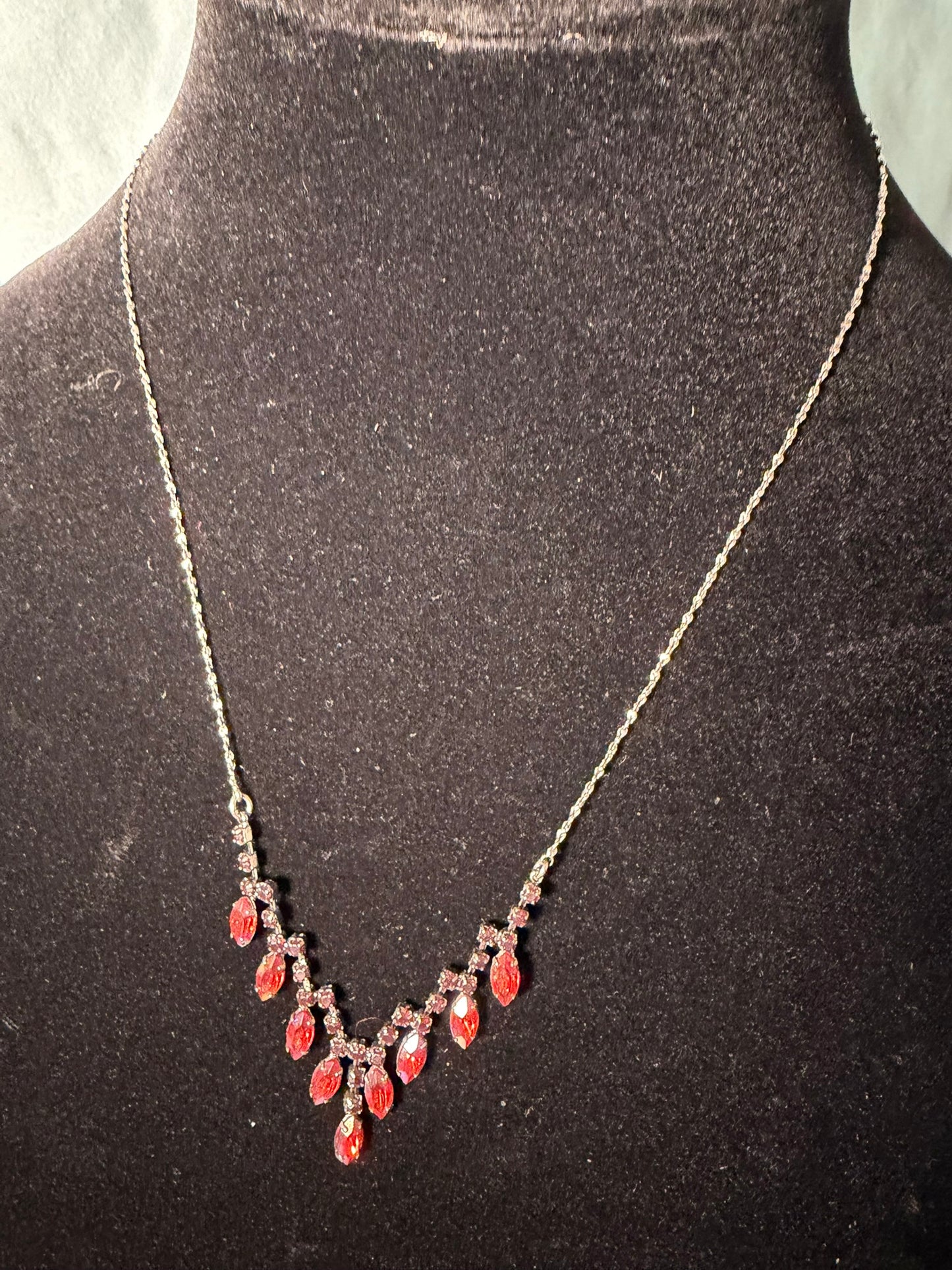 Silver‑Tone Rhinestone &amp; Red Marquise Drop Necklace