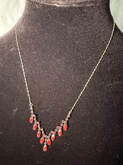 Silver‑Tone Rhinestone &amp; Red Marquise Drop Necklace