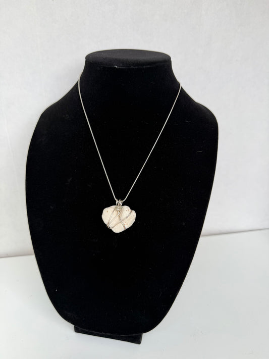 Natural White Stone Pendant Necklace With Metal Wire Wrap – Boho Handmade Style