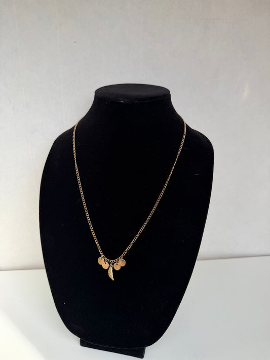 Gold‑Tone Charm Necklace With Mini Disc Accents and Feather Pendant