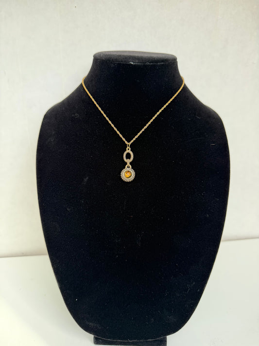 Gold‑Tone Rope Chain Necklace With Two‑Tier Ornate Pendant and Amber‑Colored Center Stone