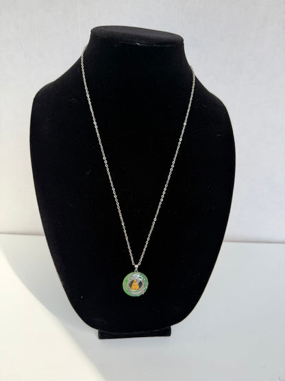 Green Enamel Medallion Pendant Necklace With Gold‑Tone Buddha Figure &amp; Silver Filigree Accents