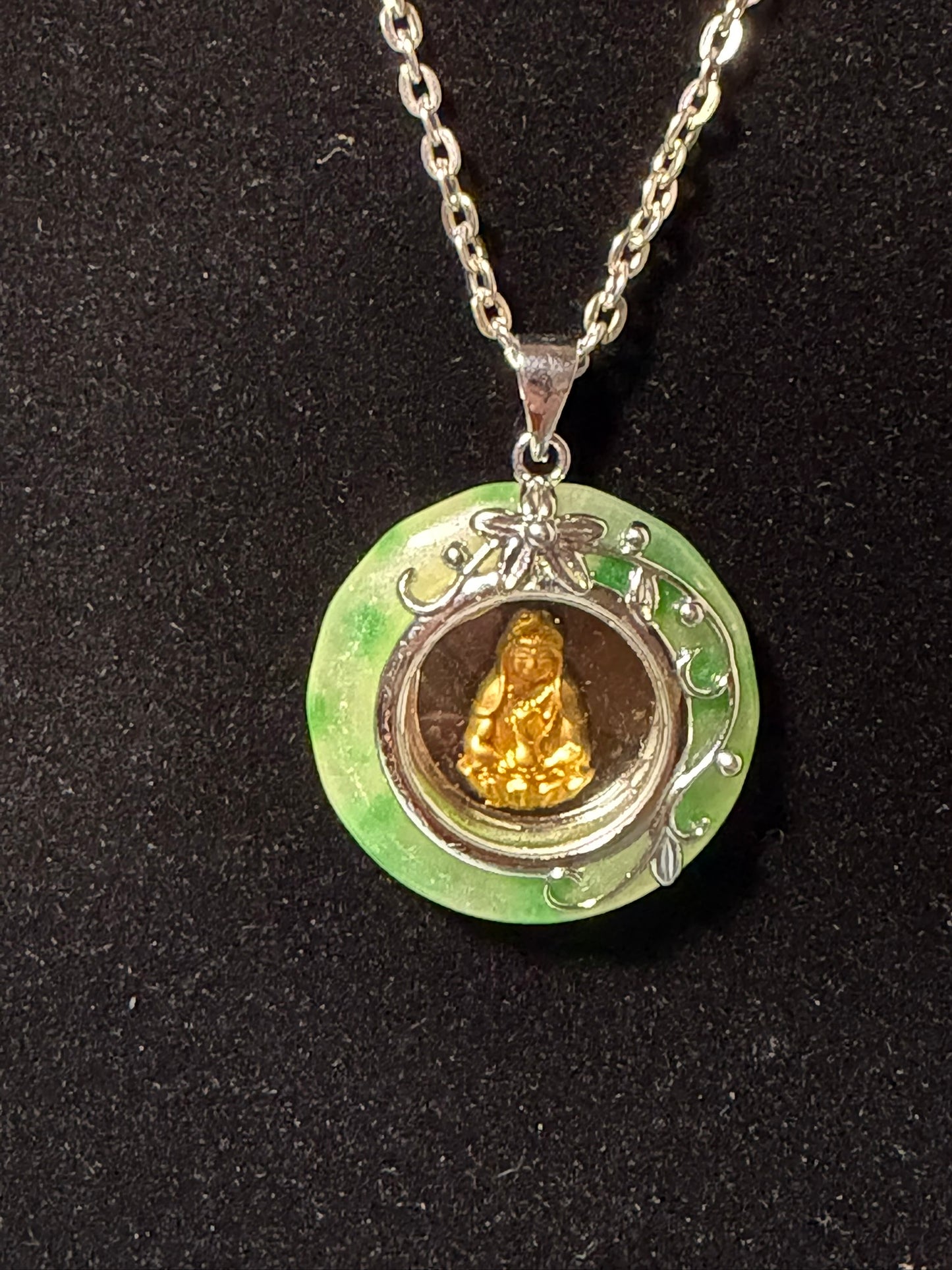 Green Enamel Medallion Pendant Necklace With Gold‑Tone Buddha Figure &amp; Silver Filigree Accents