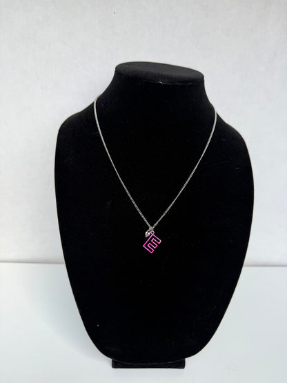Silver‑Tone Necklace With Pink Geometric Initial Pendant and Mini Heart Charm