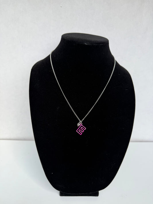 Silver‑Tone Necklace With Pink Geometric Initial Pendant and Mini Heart Charm